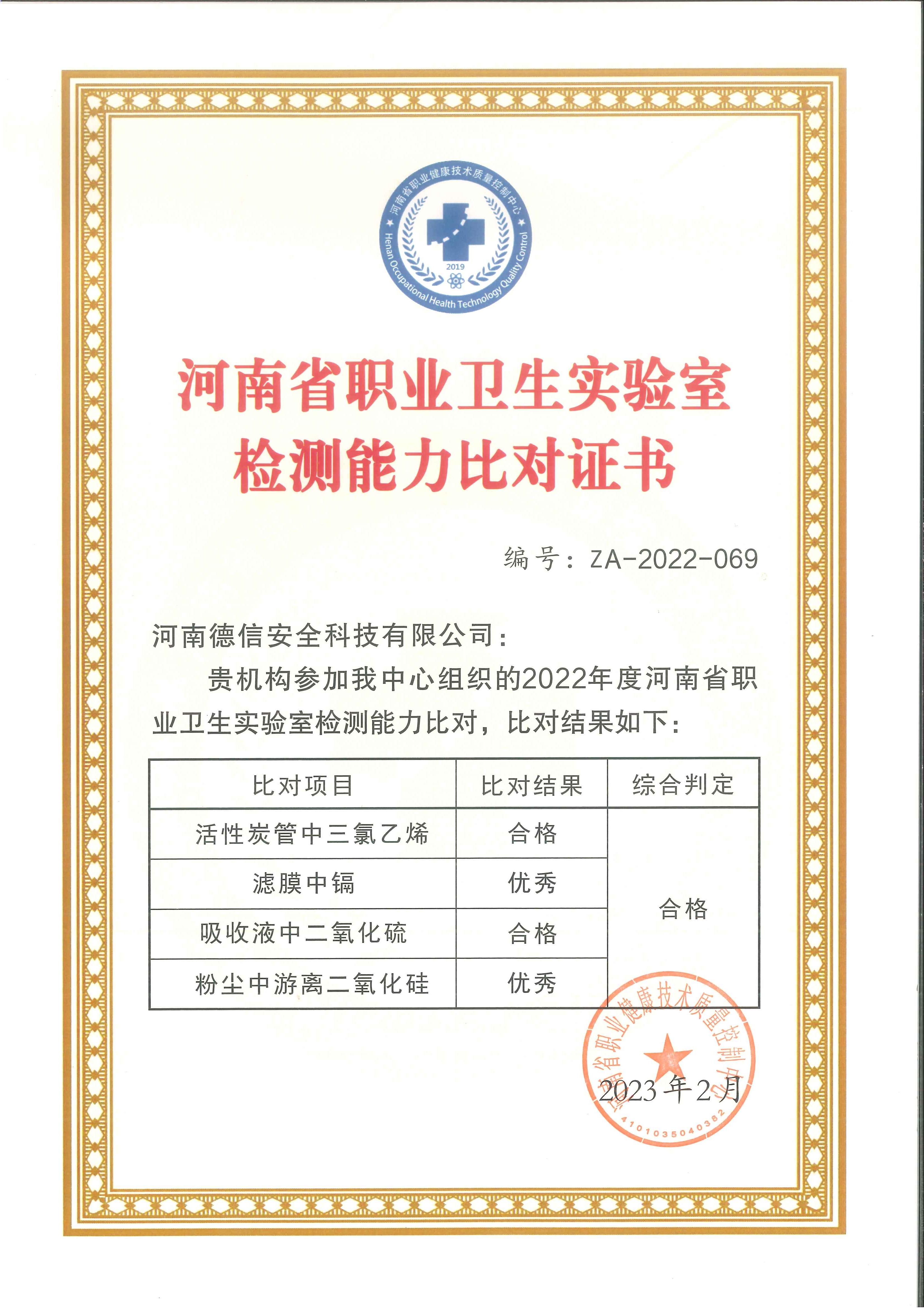 2022年河南省職業衛生實驗室檢測能力比對證書